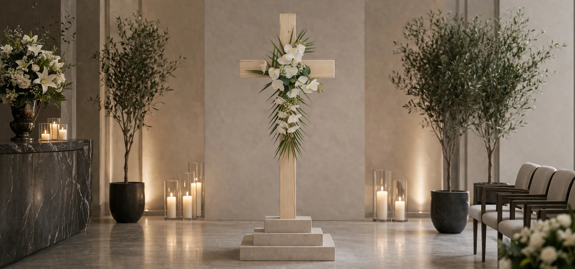 composizioni floreali artificiali per lutto e commemorazione croce con piedistallo