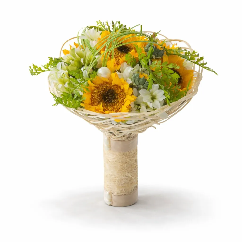 Bouquet sposa con girasoli e intrecco in vimini