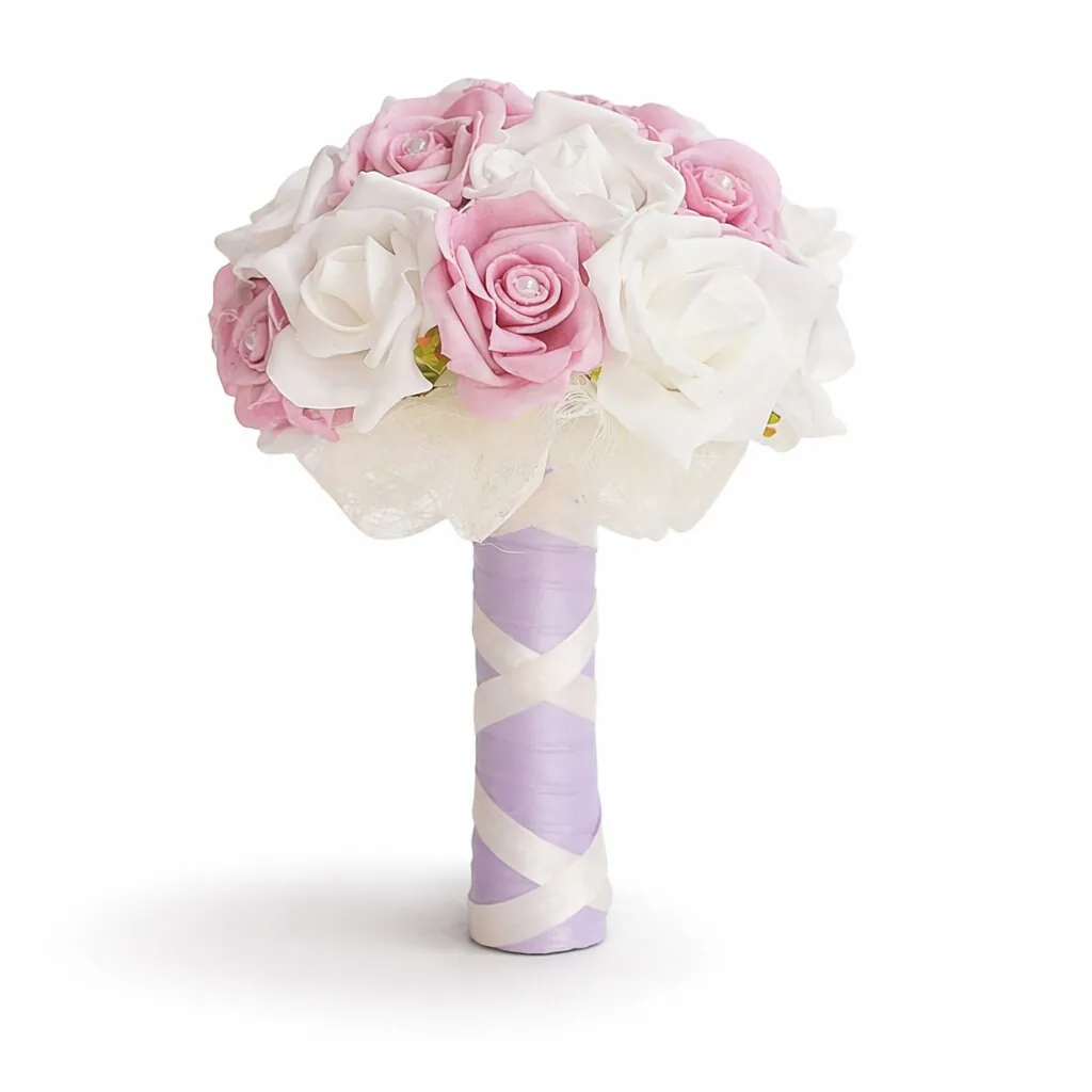 Bouquet sposa di rose bianche e rosa con perline