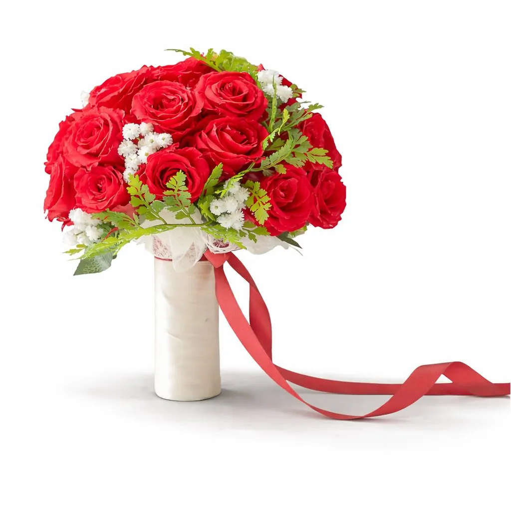Bouquet sposa con rose rosse e gypsophila