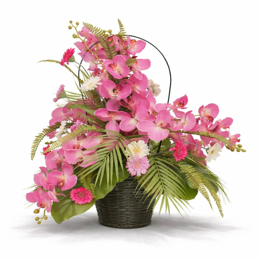 Cesto con manico di orchidee rosa e gerbere