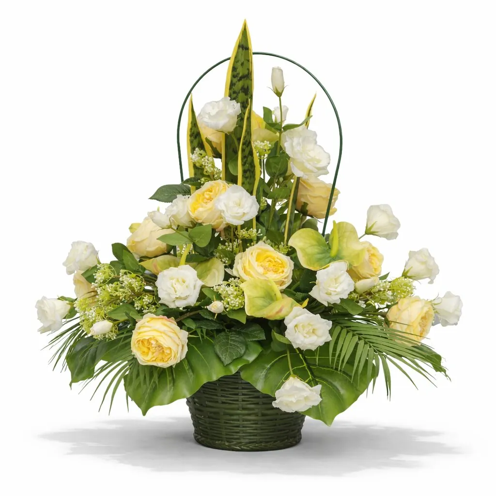 Cesto con manico rose arancioni e lisianthus bianchi