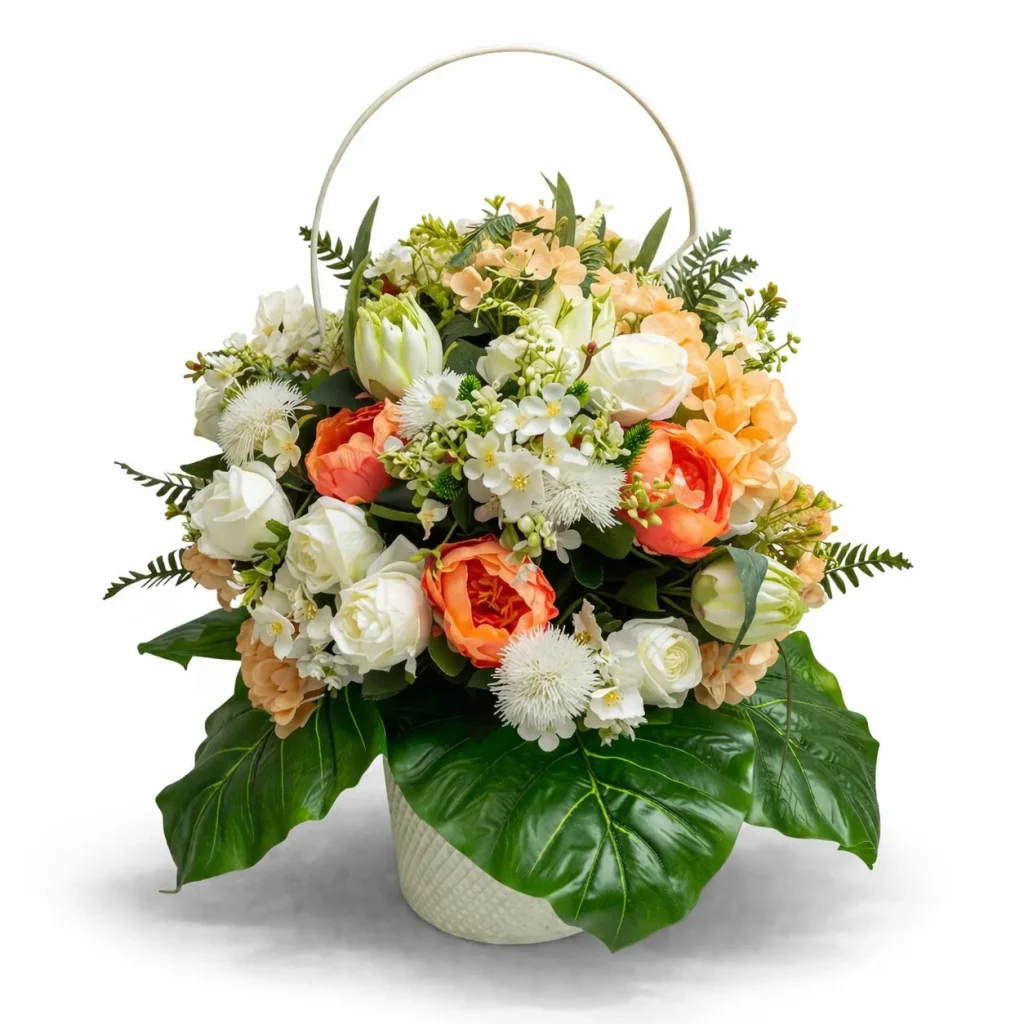 Immagine del prodotto: Cesto con manico di rose bianche e peonie arancioni