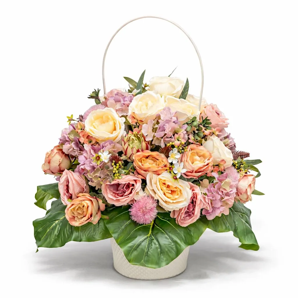 Cesto con manico di rose bianche e tulipani rosa