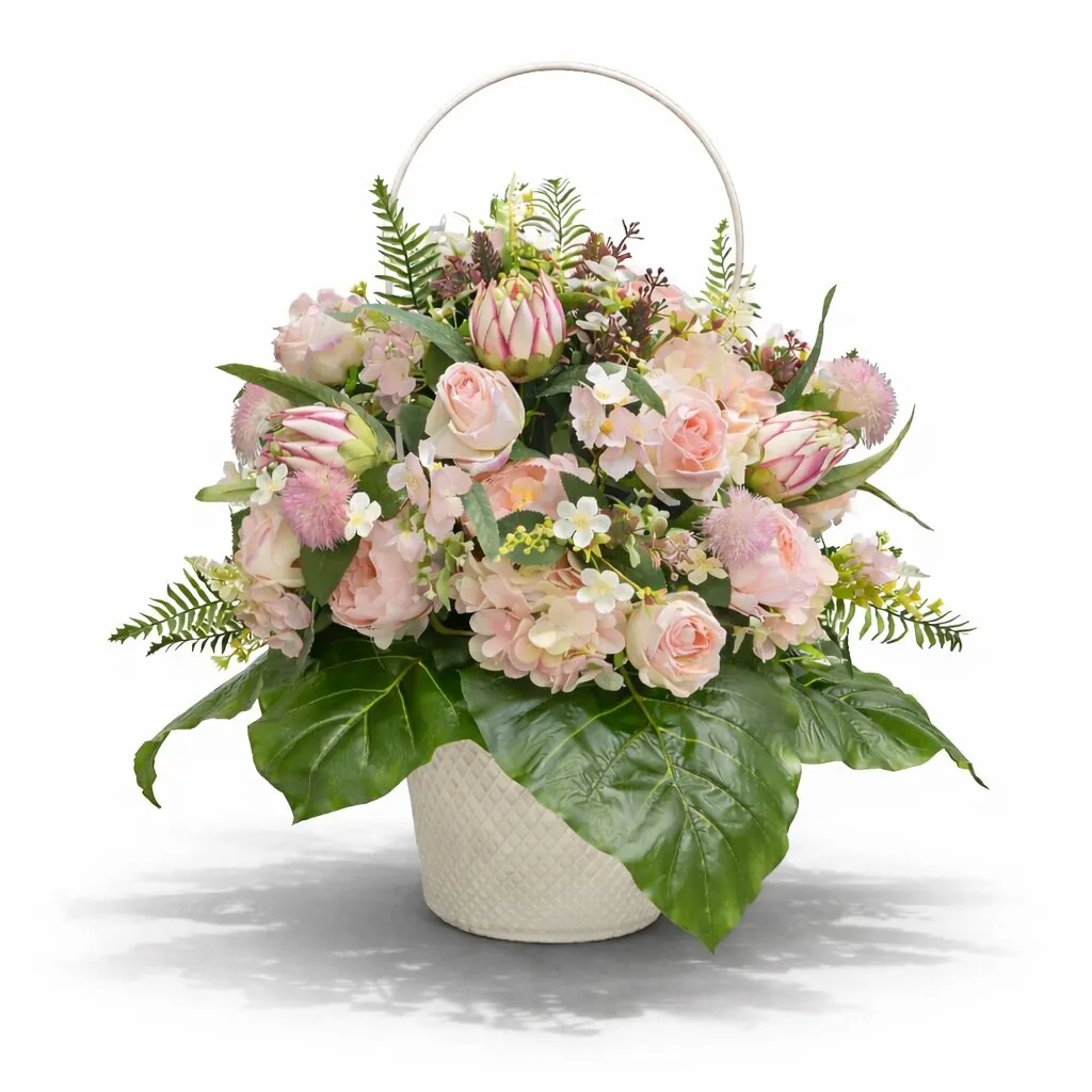 Cesto manico di rose rosa e ortensie rosa