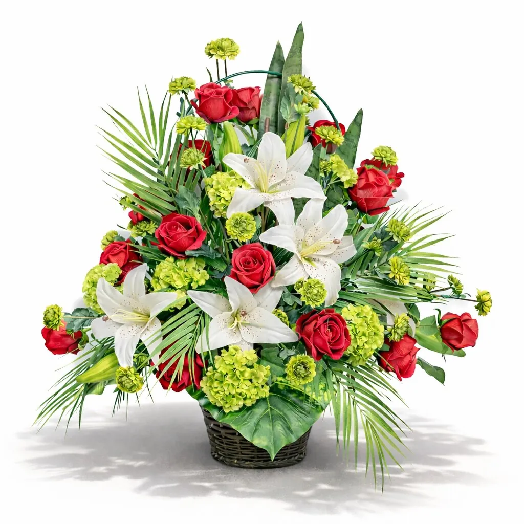 Cesto con manico di rose rosse e gigli bianchi