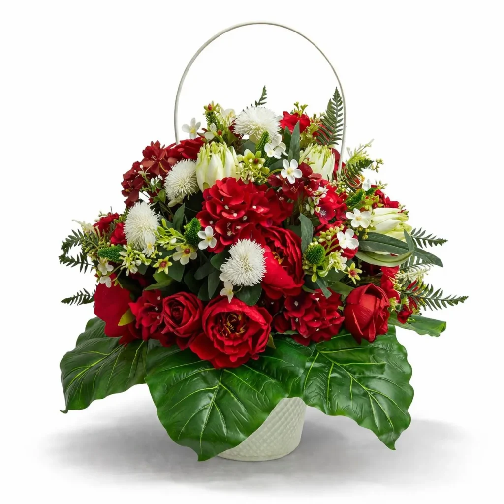Immagine del prodotto: Cesto con manico di rose rosse e peonie rosse