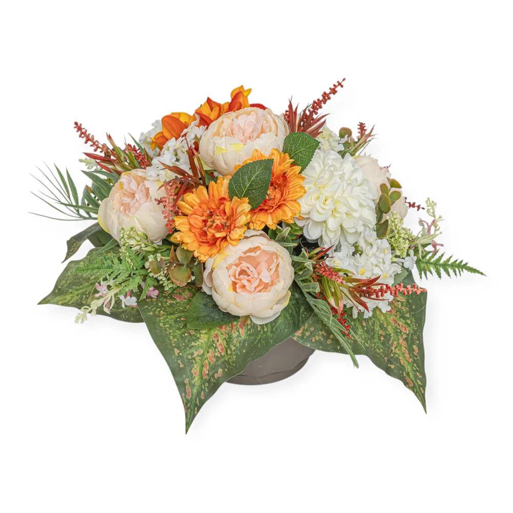 Ciotola peonie crema e gerbere arancio