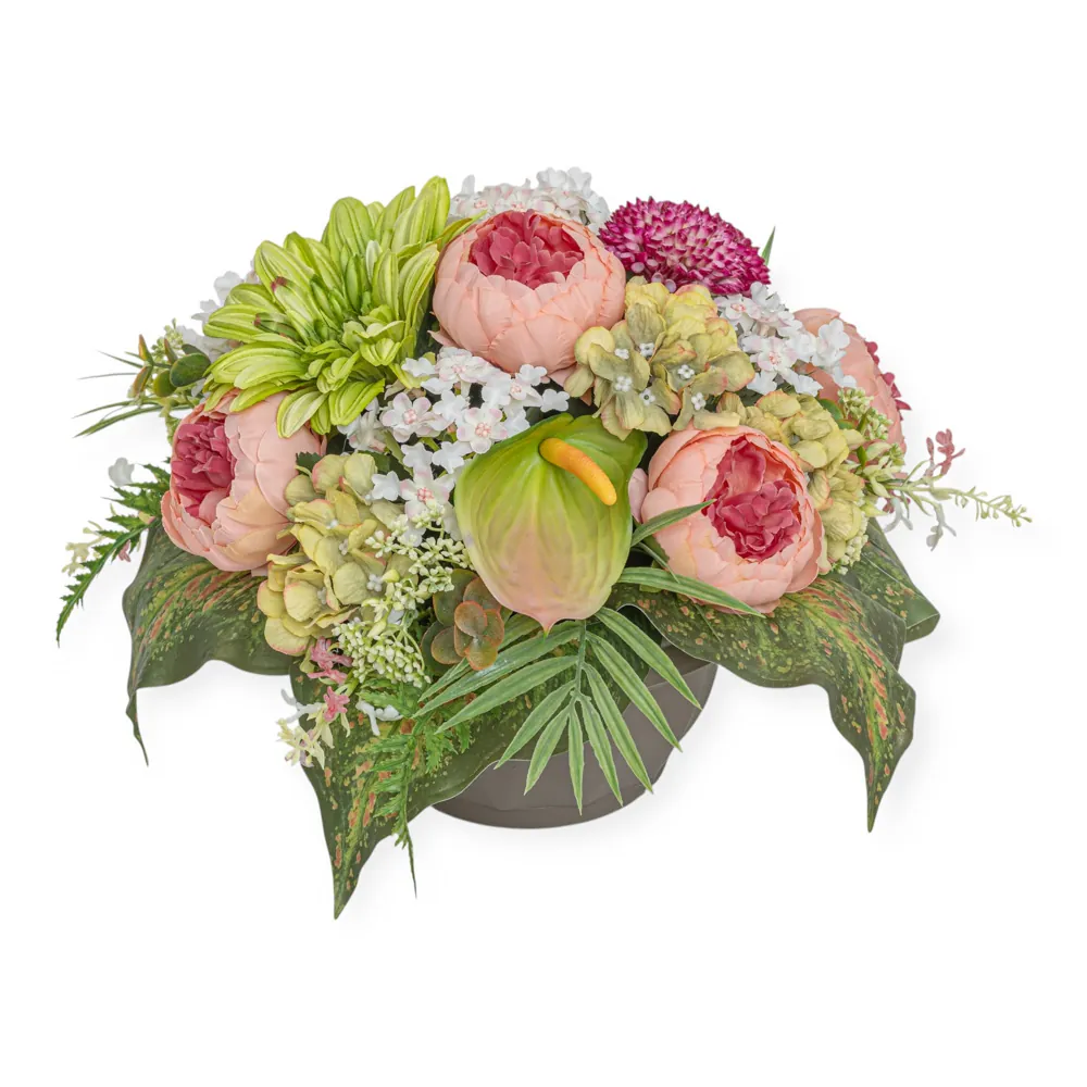 Ciotola peonie rosa e anthurium verde