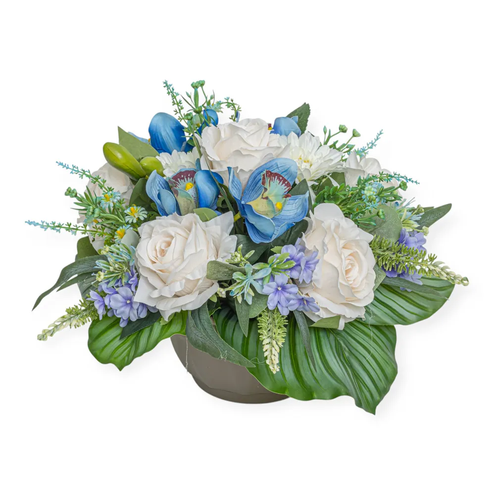 Ciotola rose bianche e orchidee blu