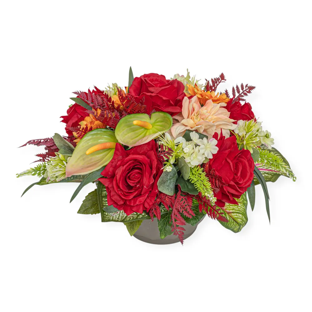Ciotola rose rosse e anthurium verde