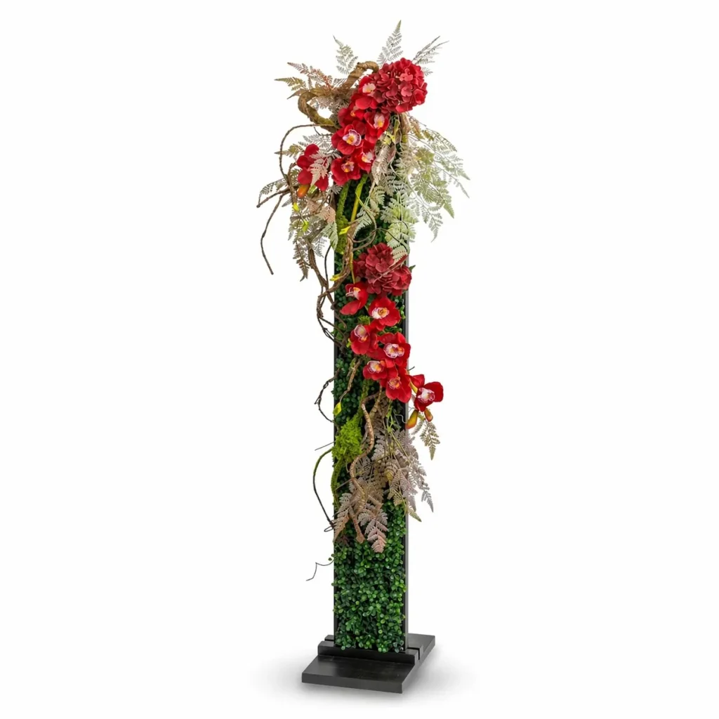 Immagine del prodotto: Composizione su piedistallo con orchidee cymbidium e ortensie rosse