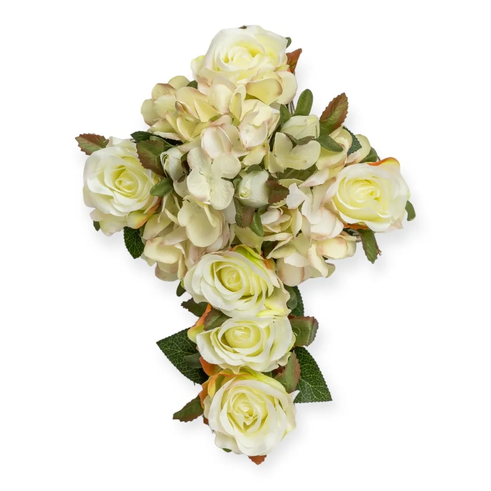 Croce con Rose Avorio e Ortensie