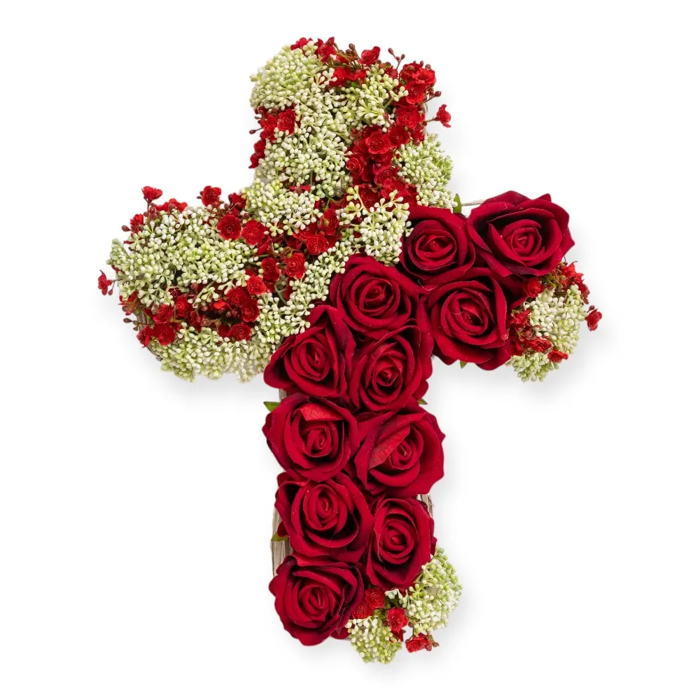 Croce con Rose Rosse e Fiori Bianchi