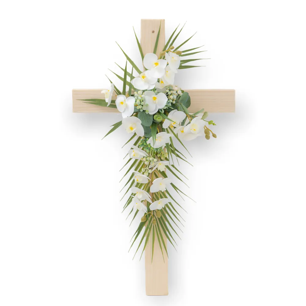 Croce in Legno di Orchidee Bianche