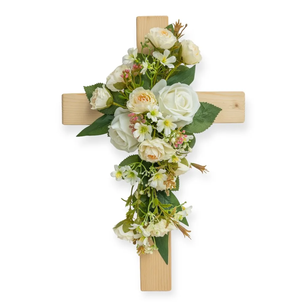 Croce in Legno di Rose Bianche Avorio