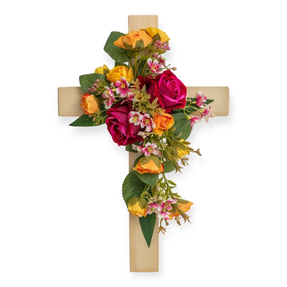 Croce in Legno di Rose Fucsia e Arancio