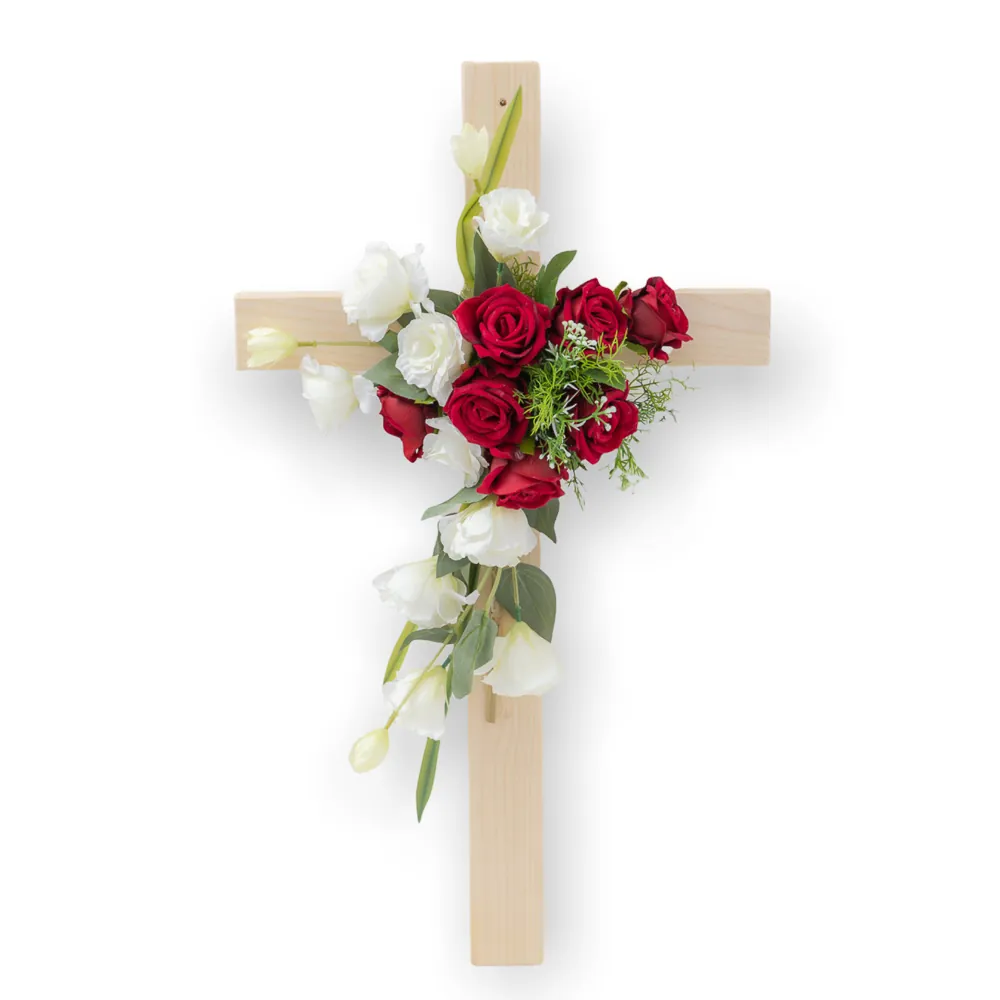Croce in Legno di Rose Rosse e Bianche