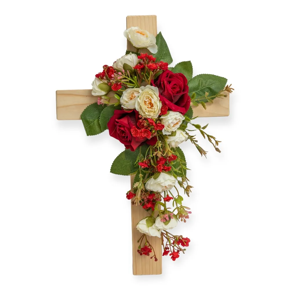 Croce in Legno di Rose Rosse e Bianche