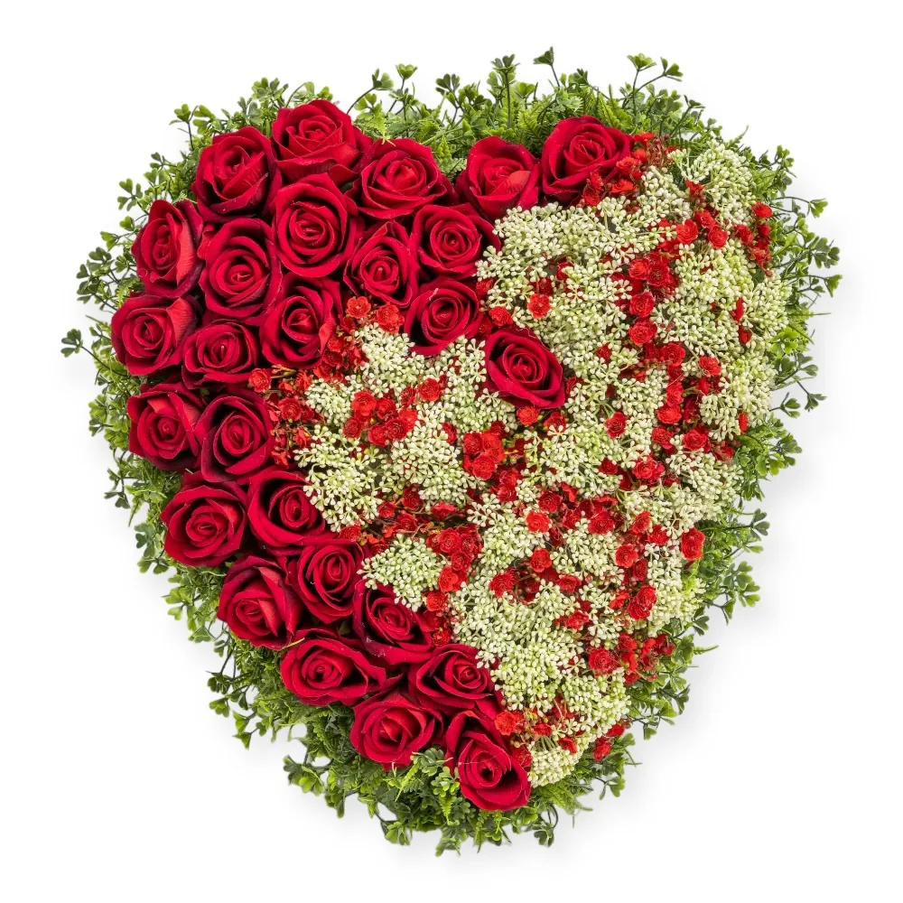 Grande Cuore Rose Rosse in Velluto e Achillea Bianca