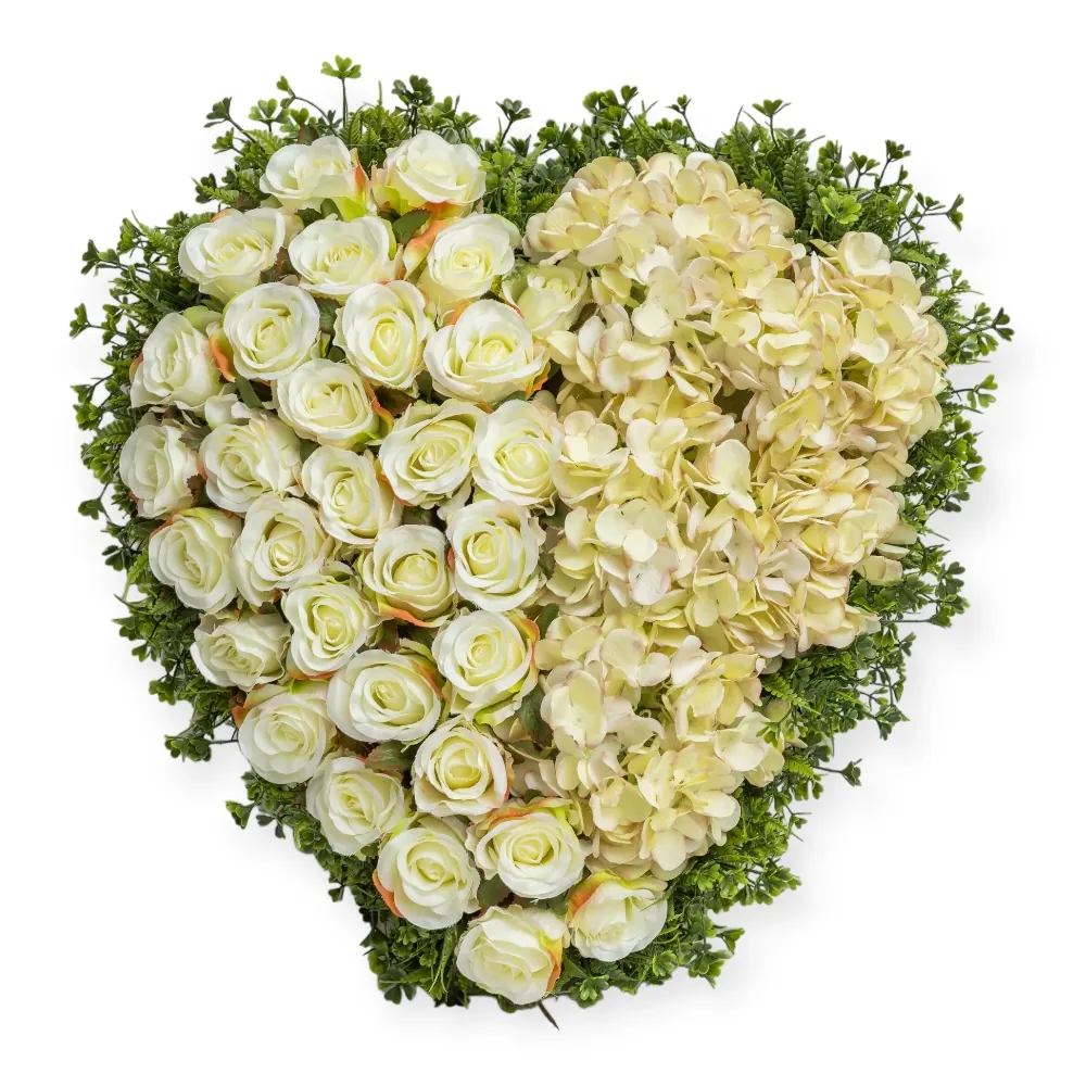 Grande Cuore con Rose Poliestere Bianche e Ortensia
