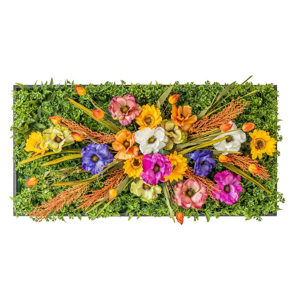 Quadro orizzontale di anemoni multicolore e spighe