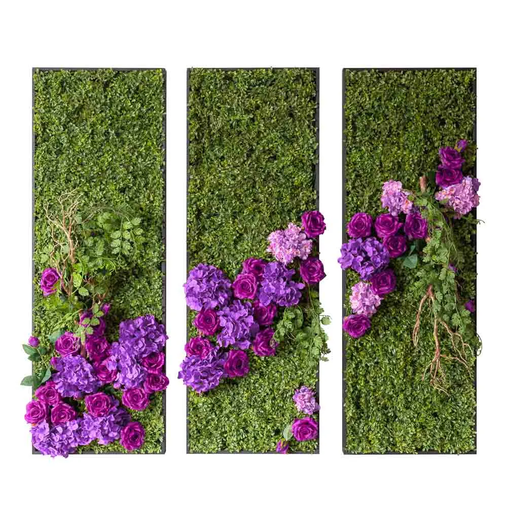 Trittico di bosso con rose viola e ortensie