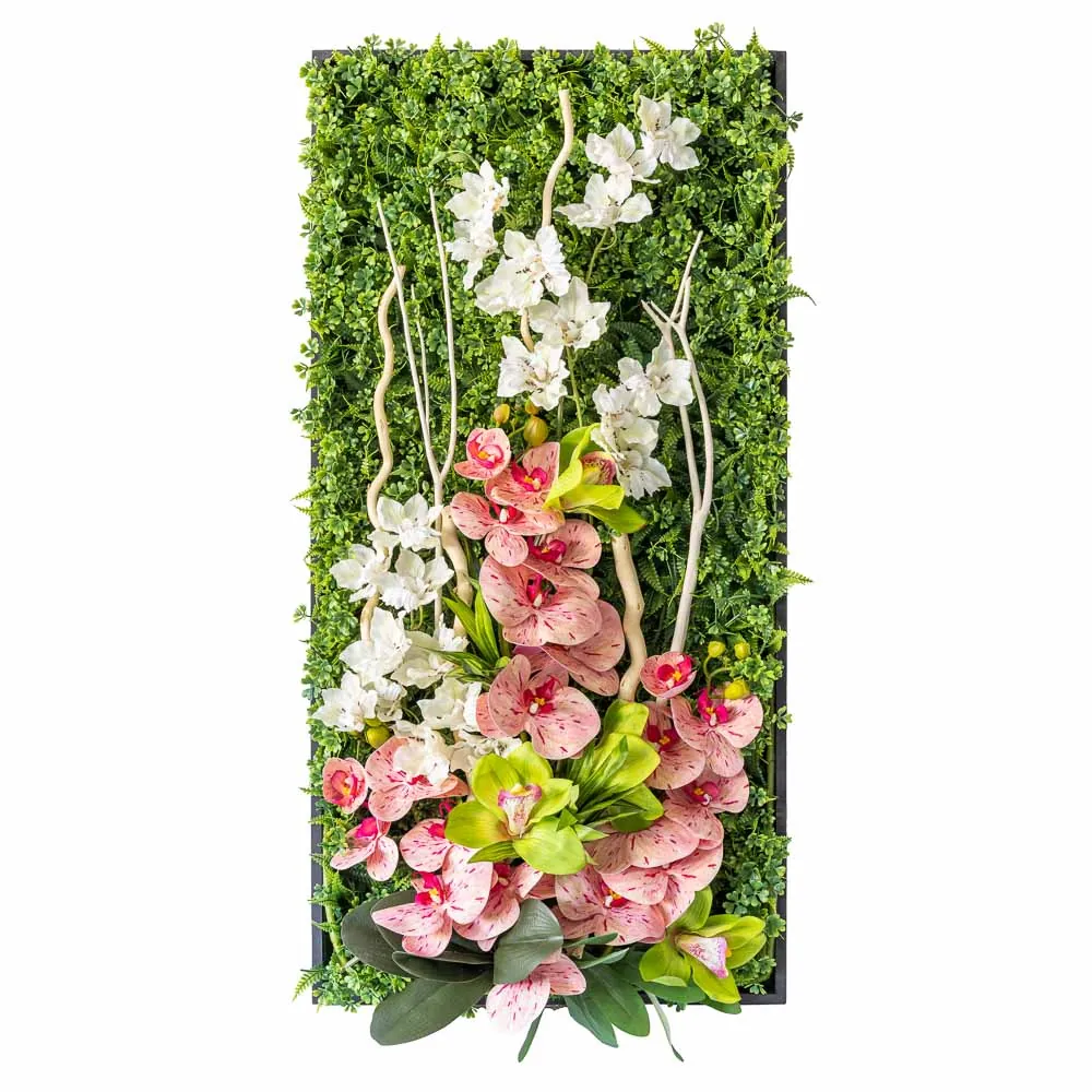 Quadro verticale di orchidee rosa e bianche con rami