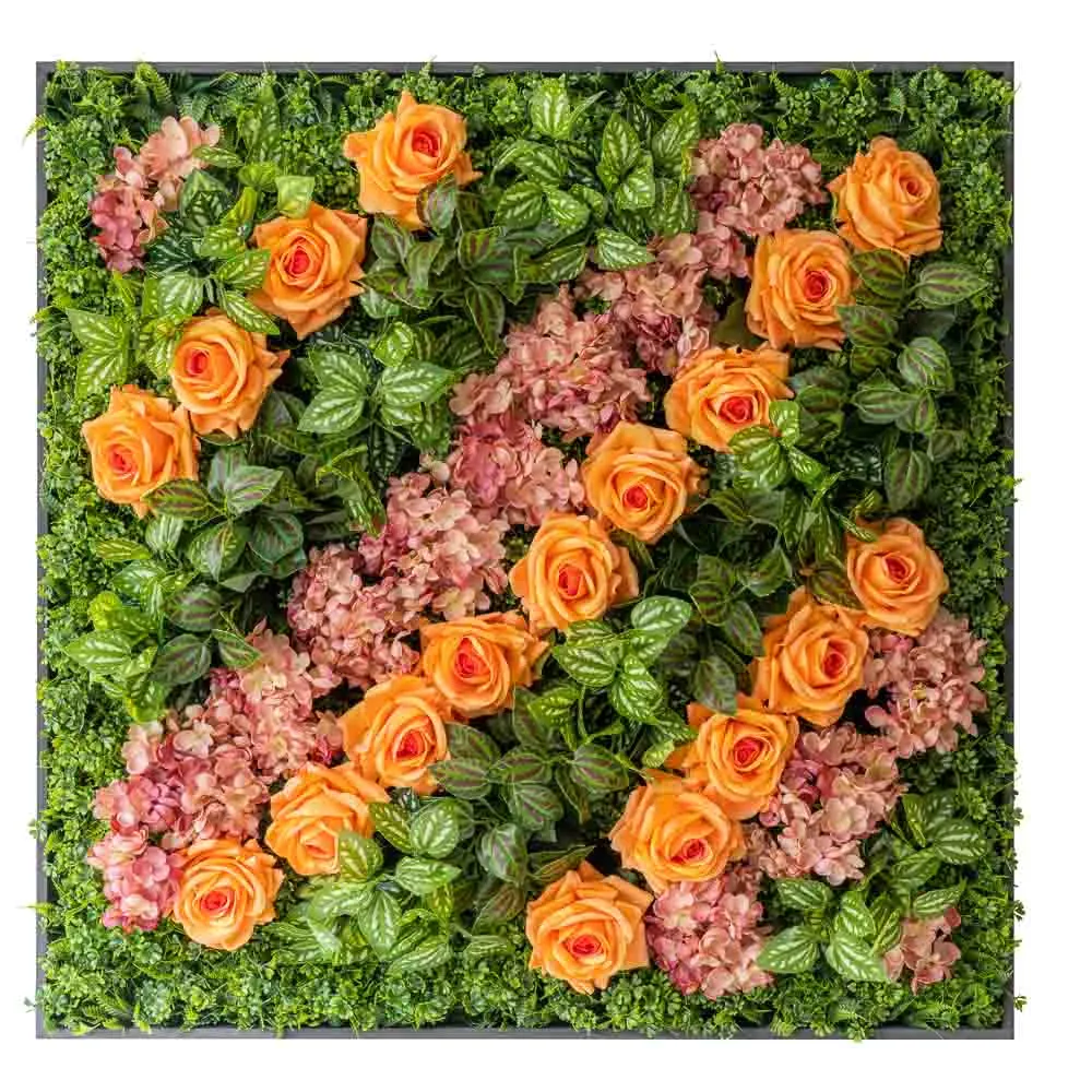 Quadro quadrato di rose arancio e ortensie rosa
