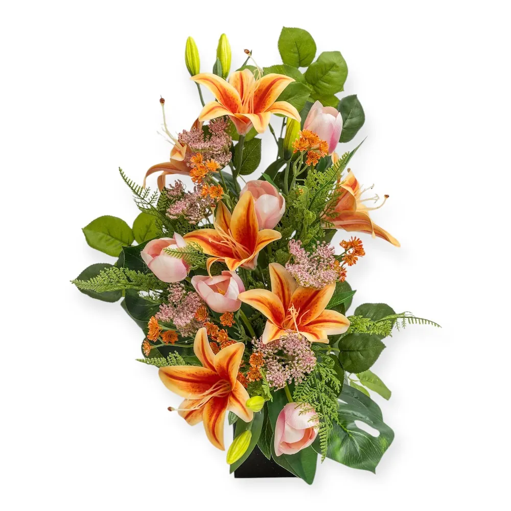 Mazzo di lusso per loculo con gigli tigrati e tulipani