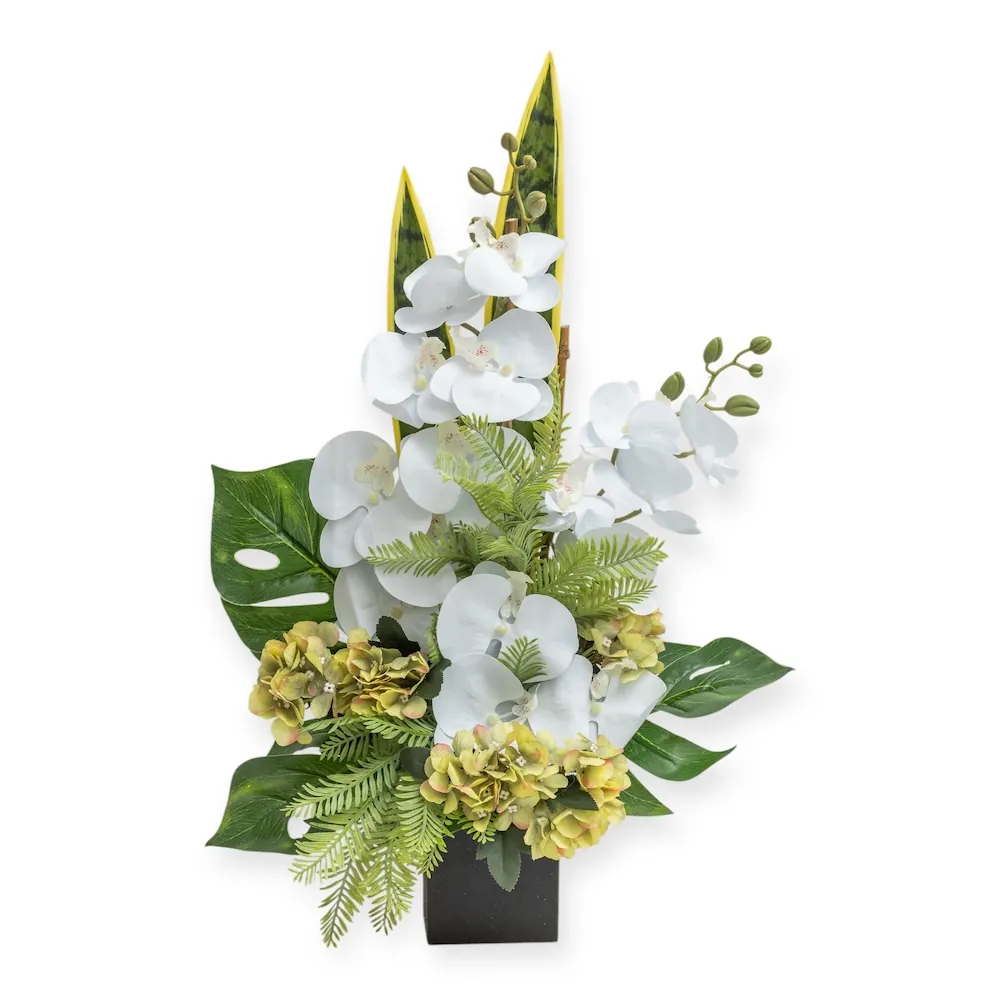 Mazzo di lusso per loculo con orchidee bianche e monstera