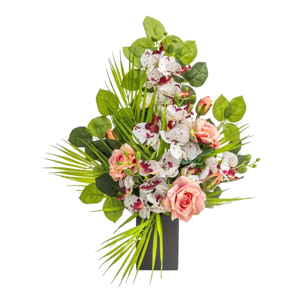 Mazzo di lusso per loculo con orchidee bianche e rose rosa