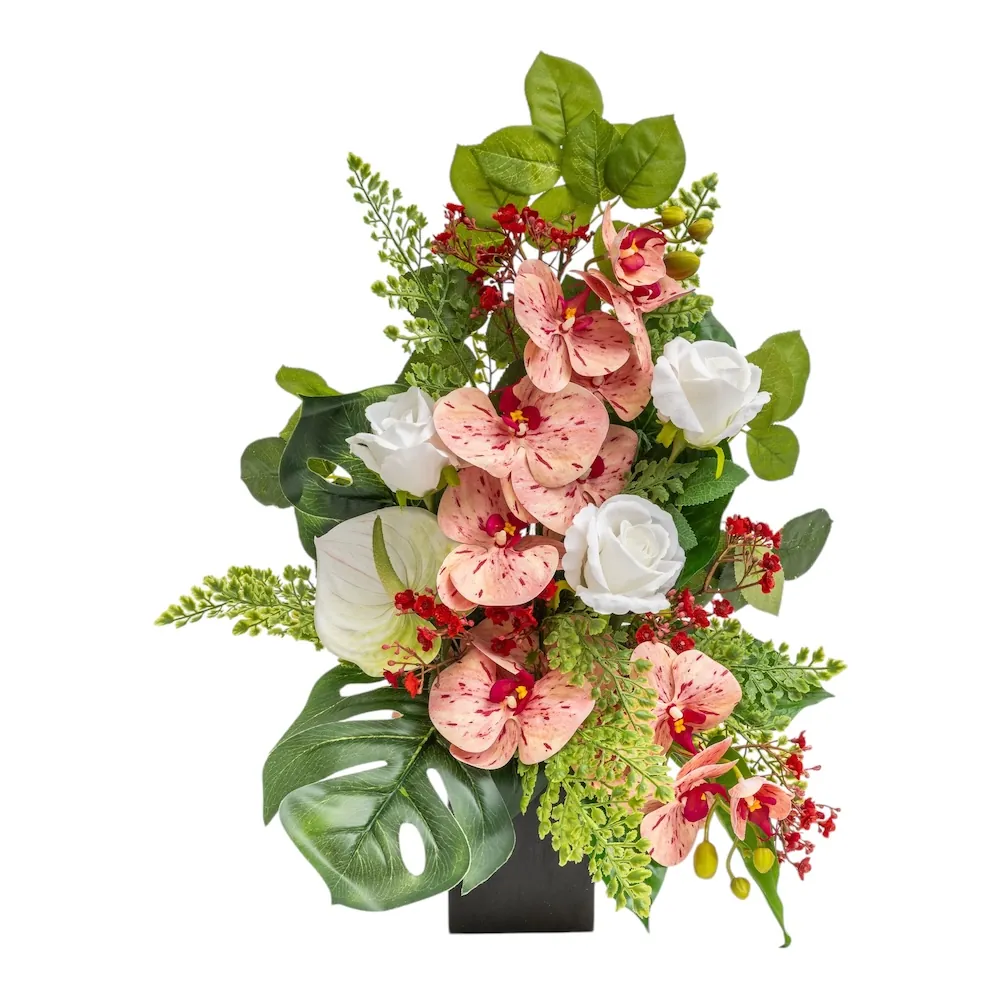 Mazzo di lusso per loculo con orchidee rosa e anthurium
