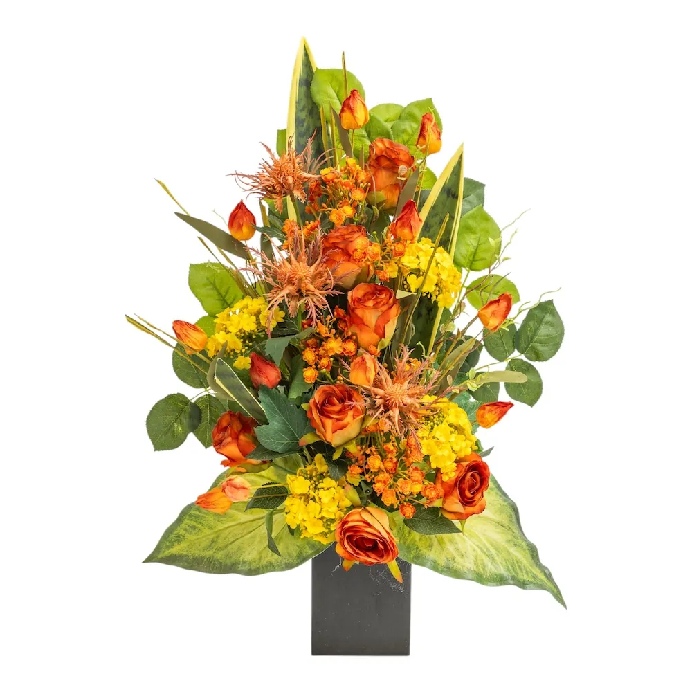 Mazzo di lusso per loculo con rose arancio e sansevieria