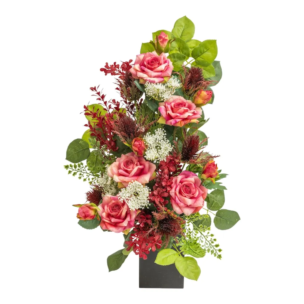 Mazzo di lusso per loculo con rose fucsia e cardi