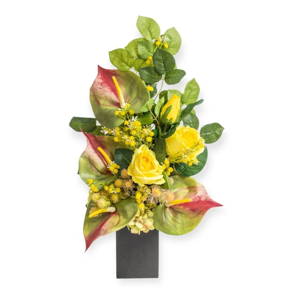 Mazzo di lusso per loculo con rose gialle e anthurium