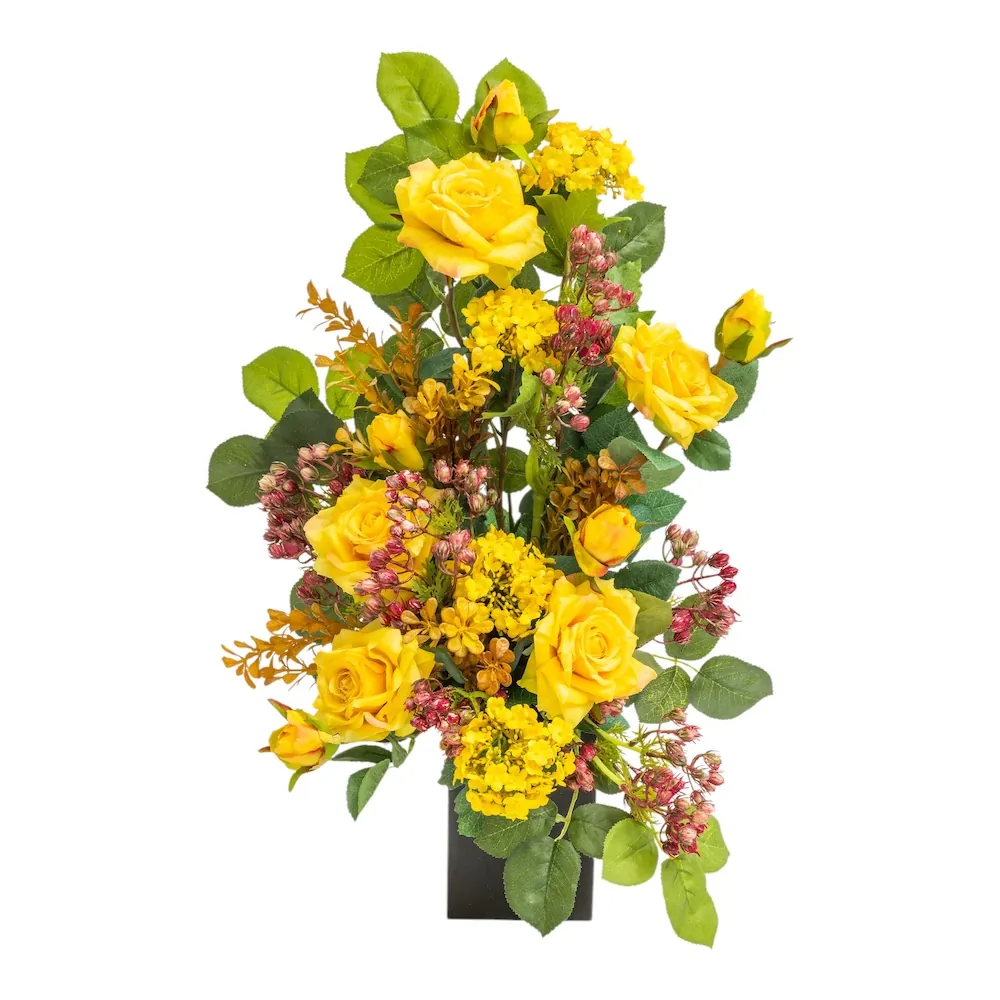 Mazzo di lusso per loculo con rose gialle e ortensie
