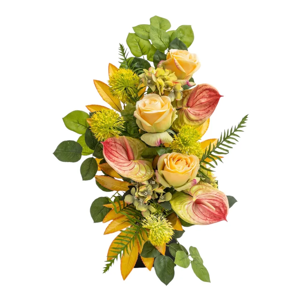 Mazzo di lusso per loculo con rose pesca e anthurium