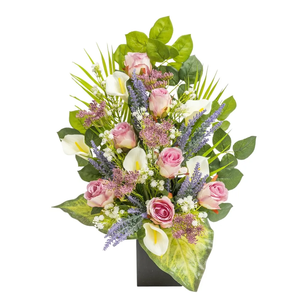 Mazzo di lusso per loculo con rose rosa calle e lavanda
