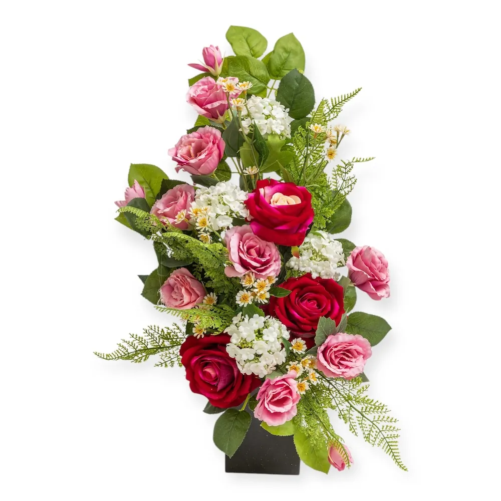 Mazzo di lusso per loculo con rose rosa-rosse e ortensie