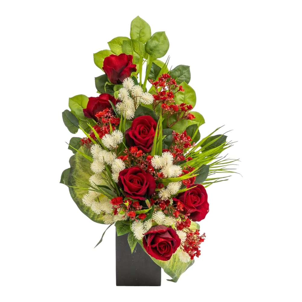 Mazzo di lusso per loculo con rose rosse e crisantemi