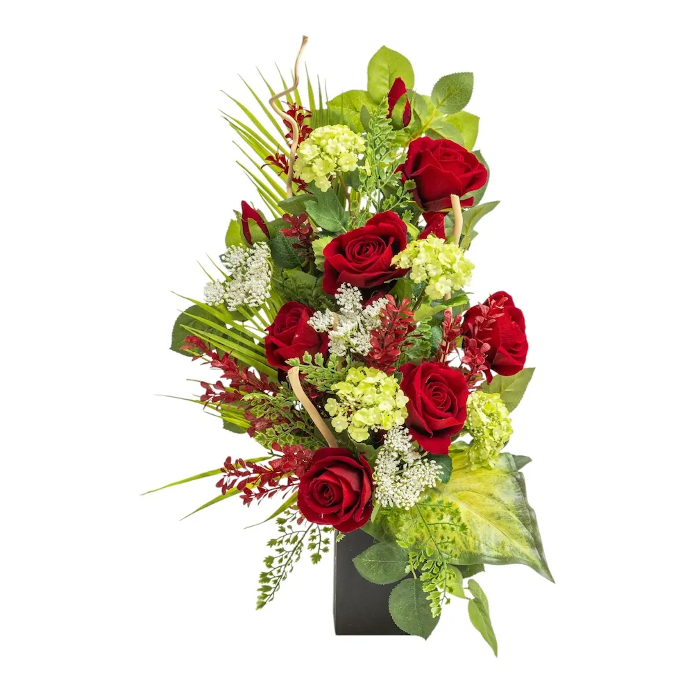 Mazzo di lusso per loculo con rose rosse e ortensie verdi