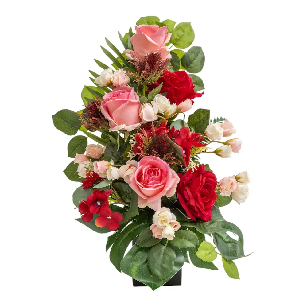 Mazzo di lusso per loculo con rose rosse e rosa