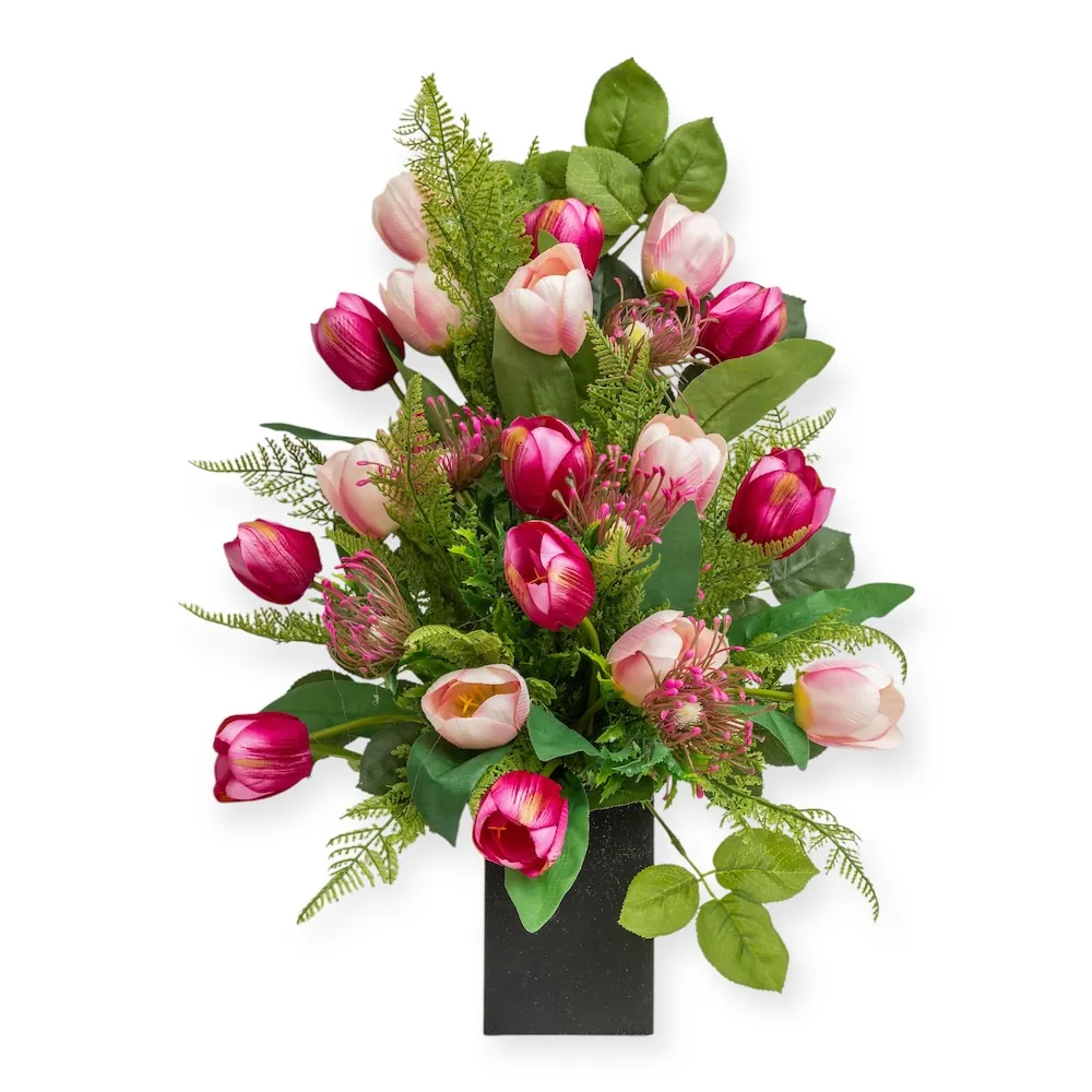 Mazzo di lusso per loculo con tulipani fucsia e protee
