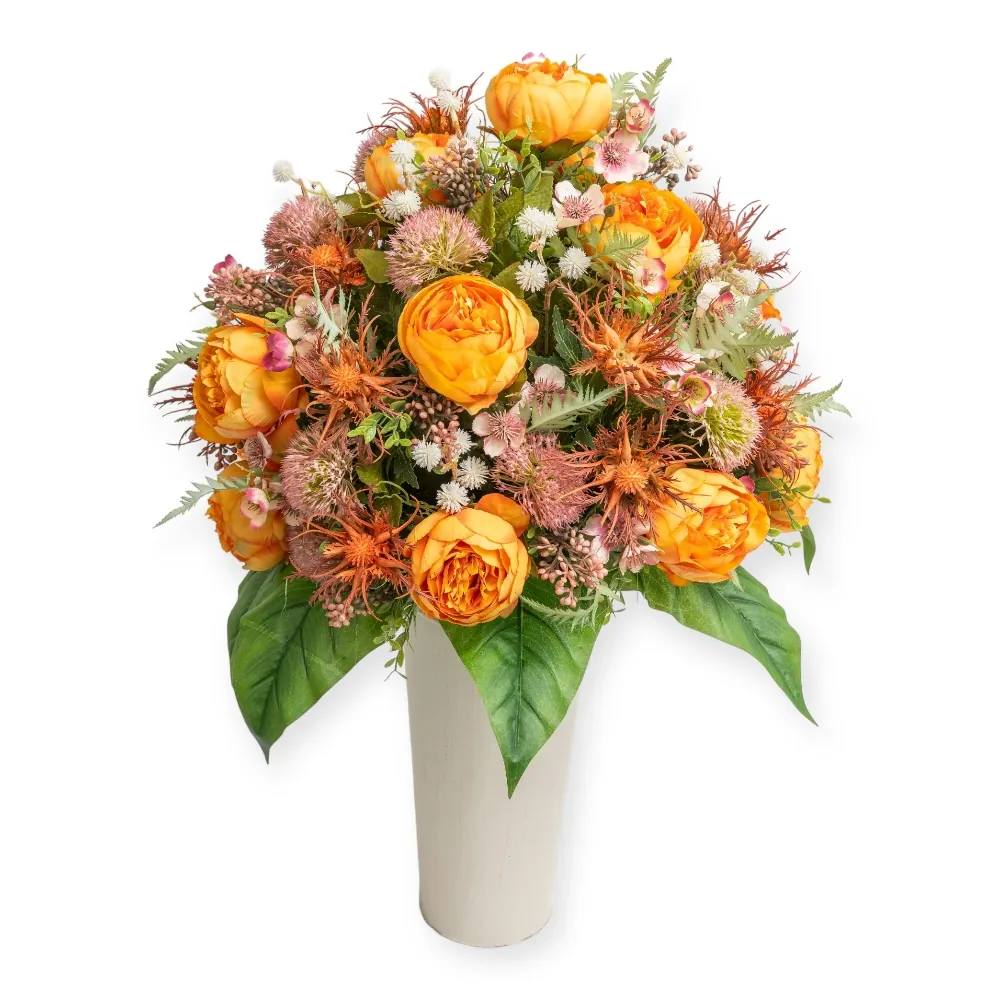 Mazzo peonie arancio e cardo selvatico