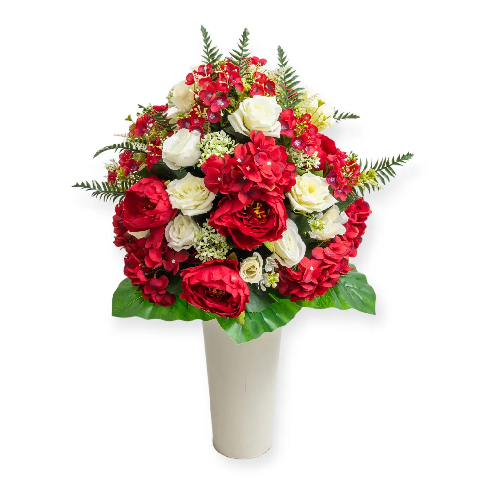 Mazzo peonie rosse rose bianche ortensie