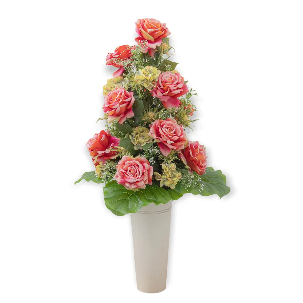 Mazzo rose arancio-rosa e ortensie