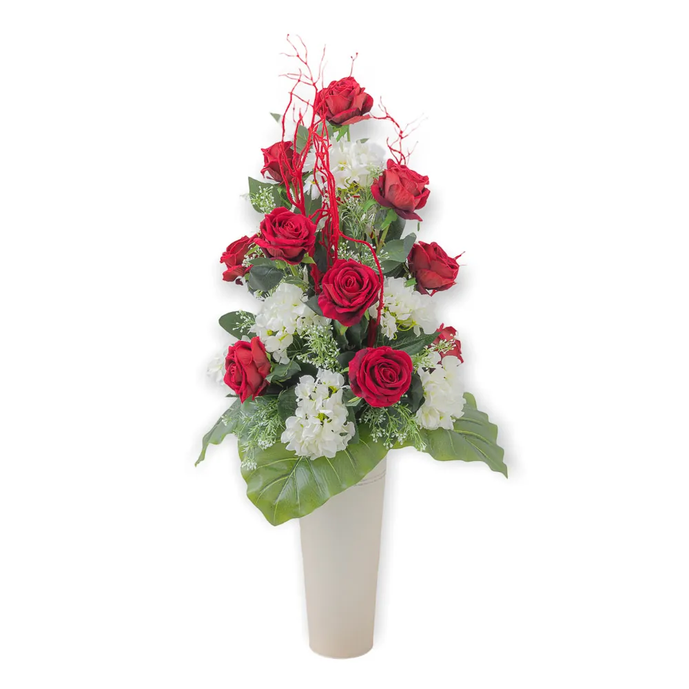 Mazzo rose rosse e ortensie bianche