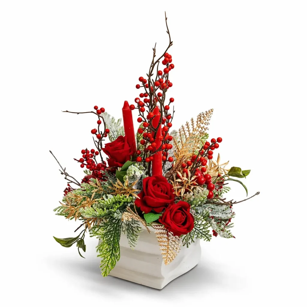Immagine del prodotto: Centrotavola natalizio con rose rosse e candele