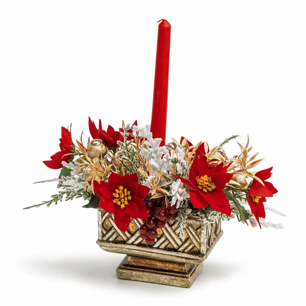 Immagine del prodotto: Centrotavola natalizio in contenitore dorato con stelle di natale e candela rossa